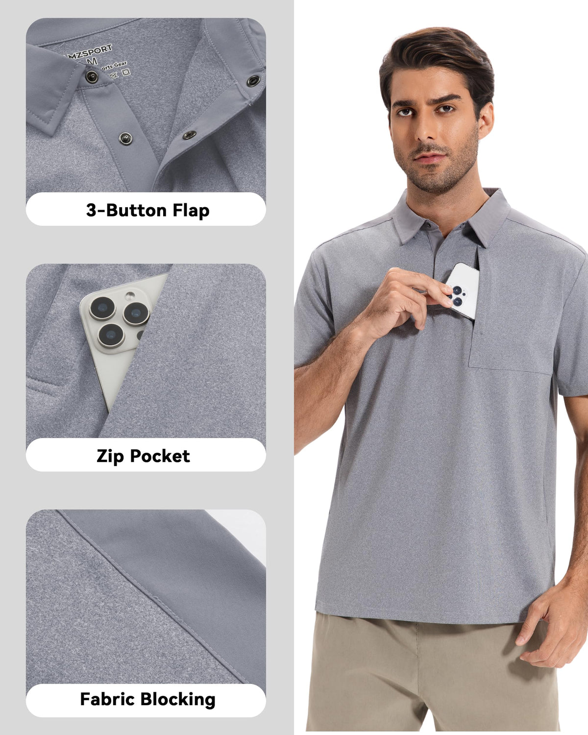 AMZSPORT Men's Short Sleeve Polo Shirt Quick-Dry Zip Pocket Sport