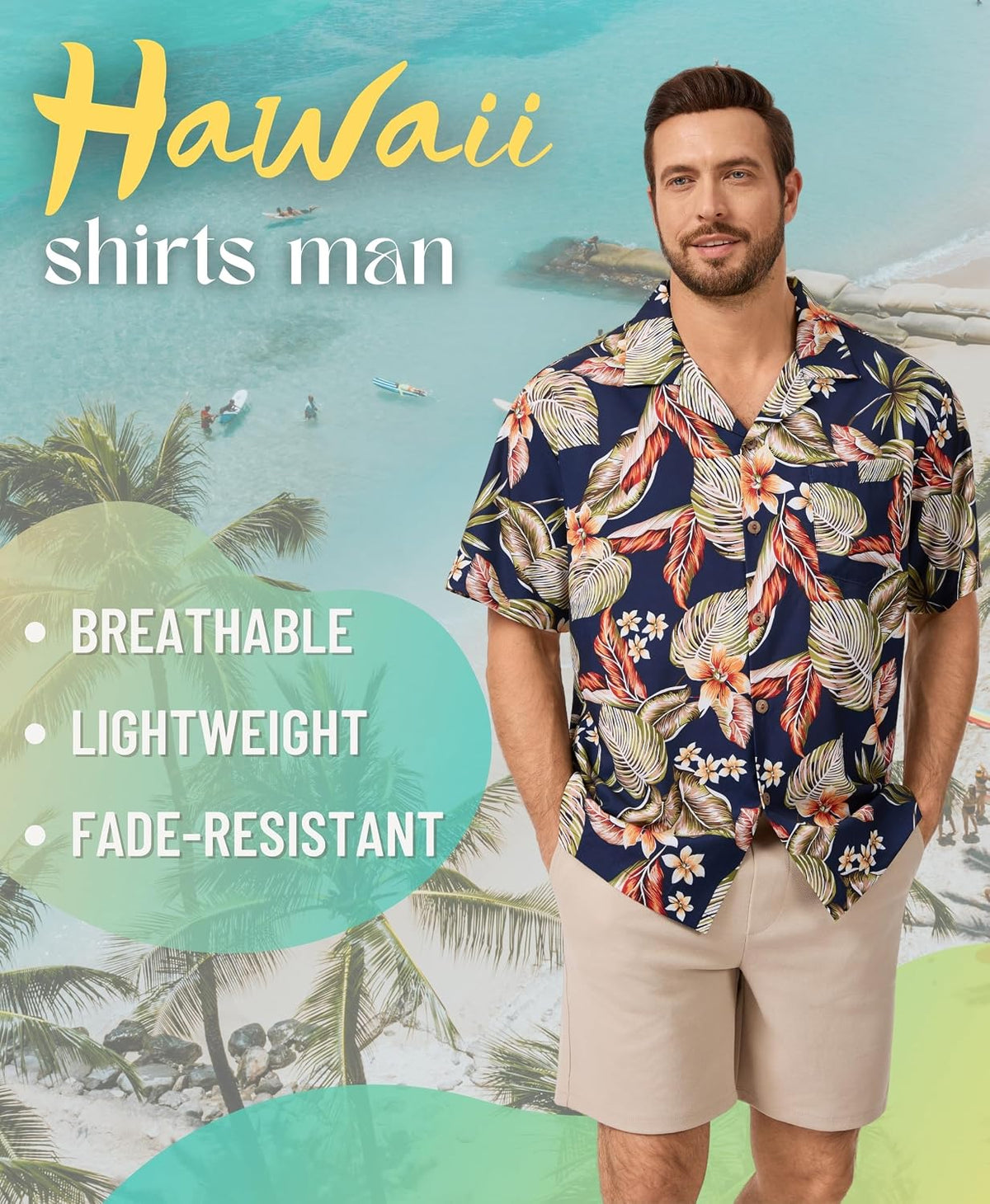 AMZSPORT Men's Hawaiian Shirt, Short Sleeve Summer Beach Shirt